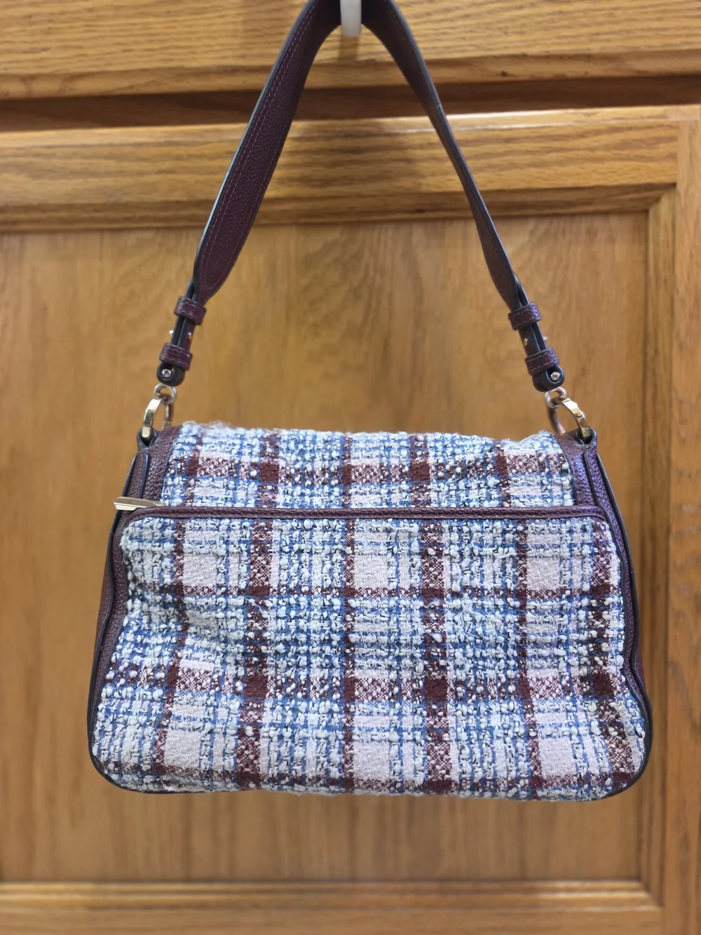 kate spade Blue and Burgundy Tweed Shoulder Bag with Leather Trim